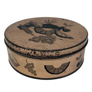 Vintage Metal Tin Round Fruit Graphics Copper Colored Retro Kitschy Grandmacore